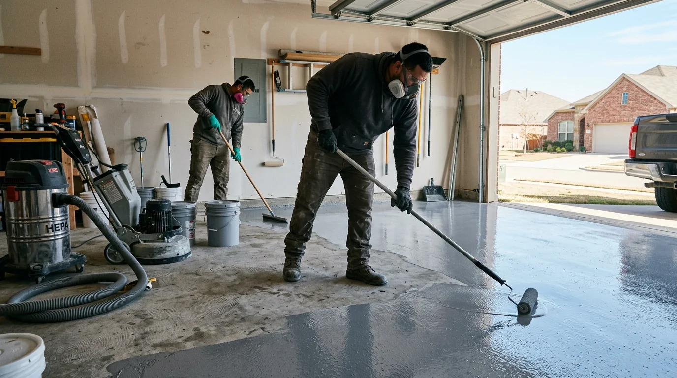 Plano floor coating crew broadcasting epoxy primer inside a residential garage