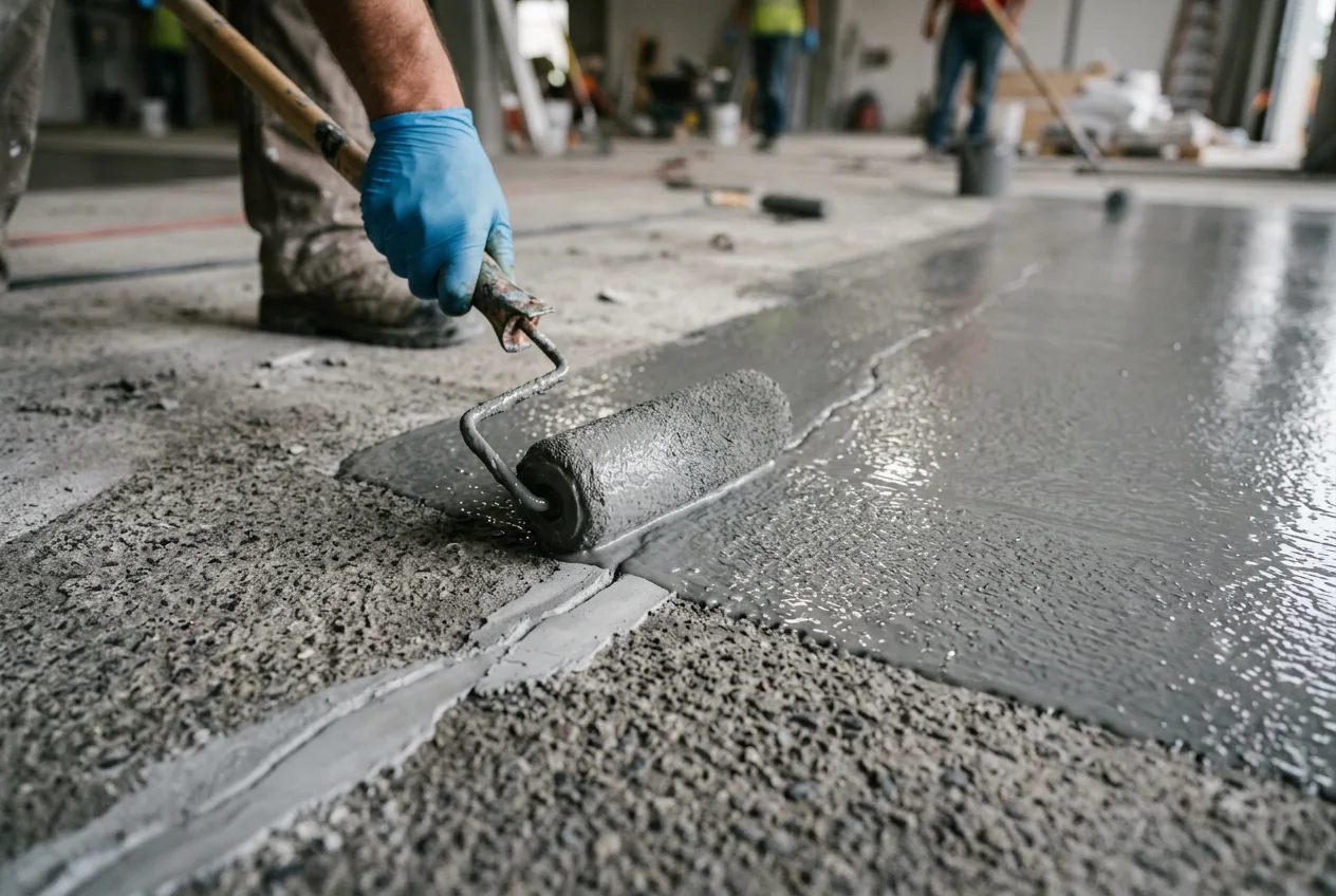 Close-up coating installation detail on a prepared Plano slab